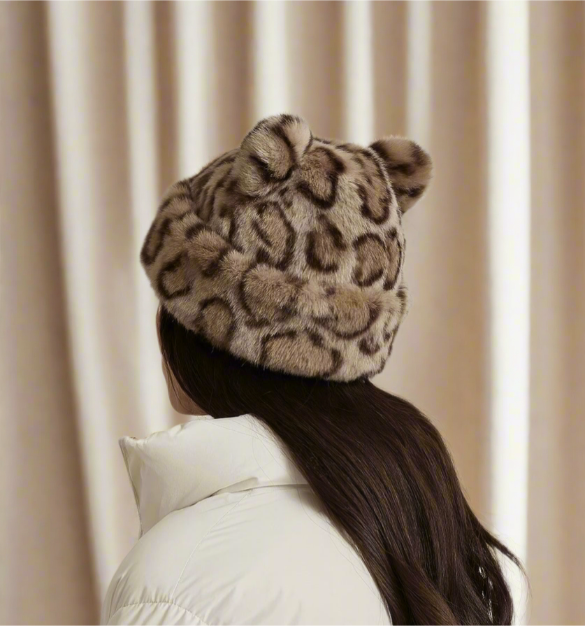 Fluffy Leopard Print Beanie with Ears