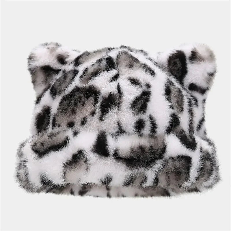 Fluffy Leopard Print Beanie with Ears