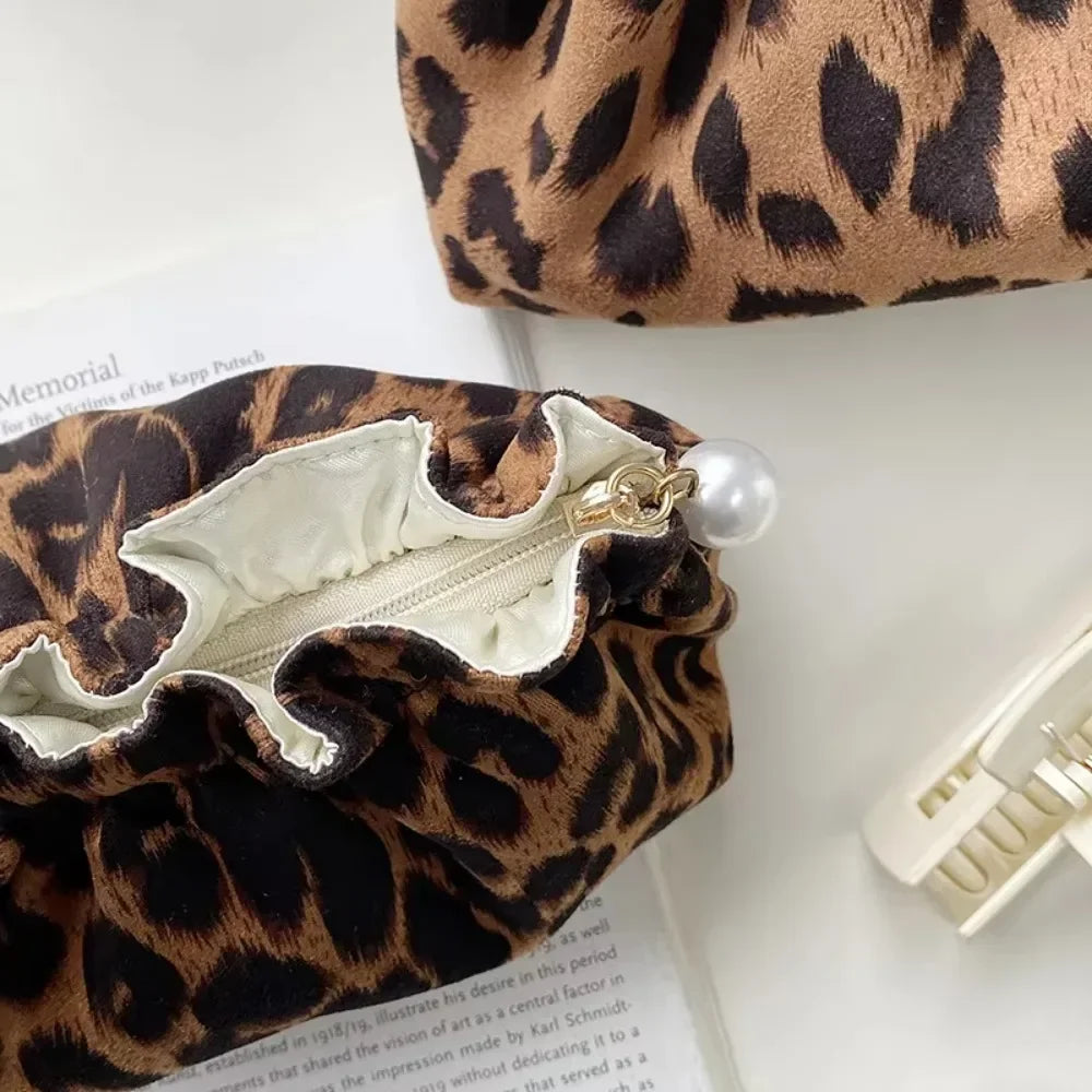 Gather Top Leopard Print Cosmetic Bag (zipped)