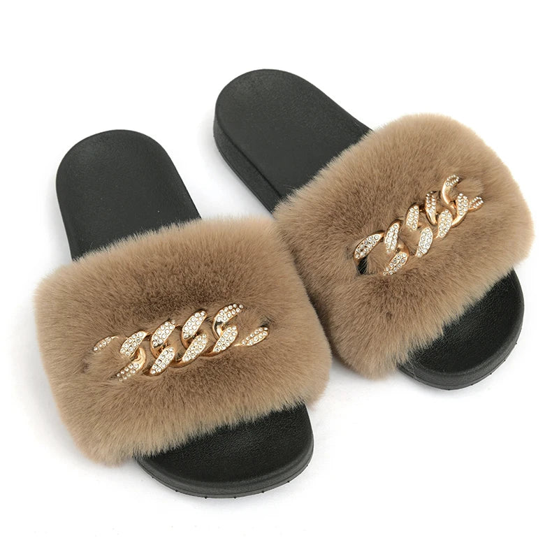 Leopard Print Furry Slippers with Gold Chain