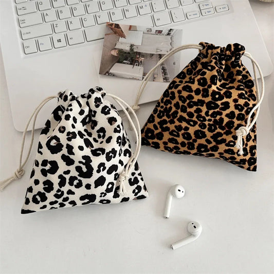 Leopard Print Drawstring Cosmetic Bag