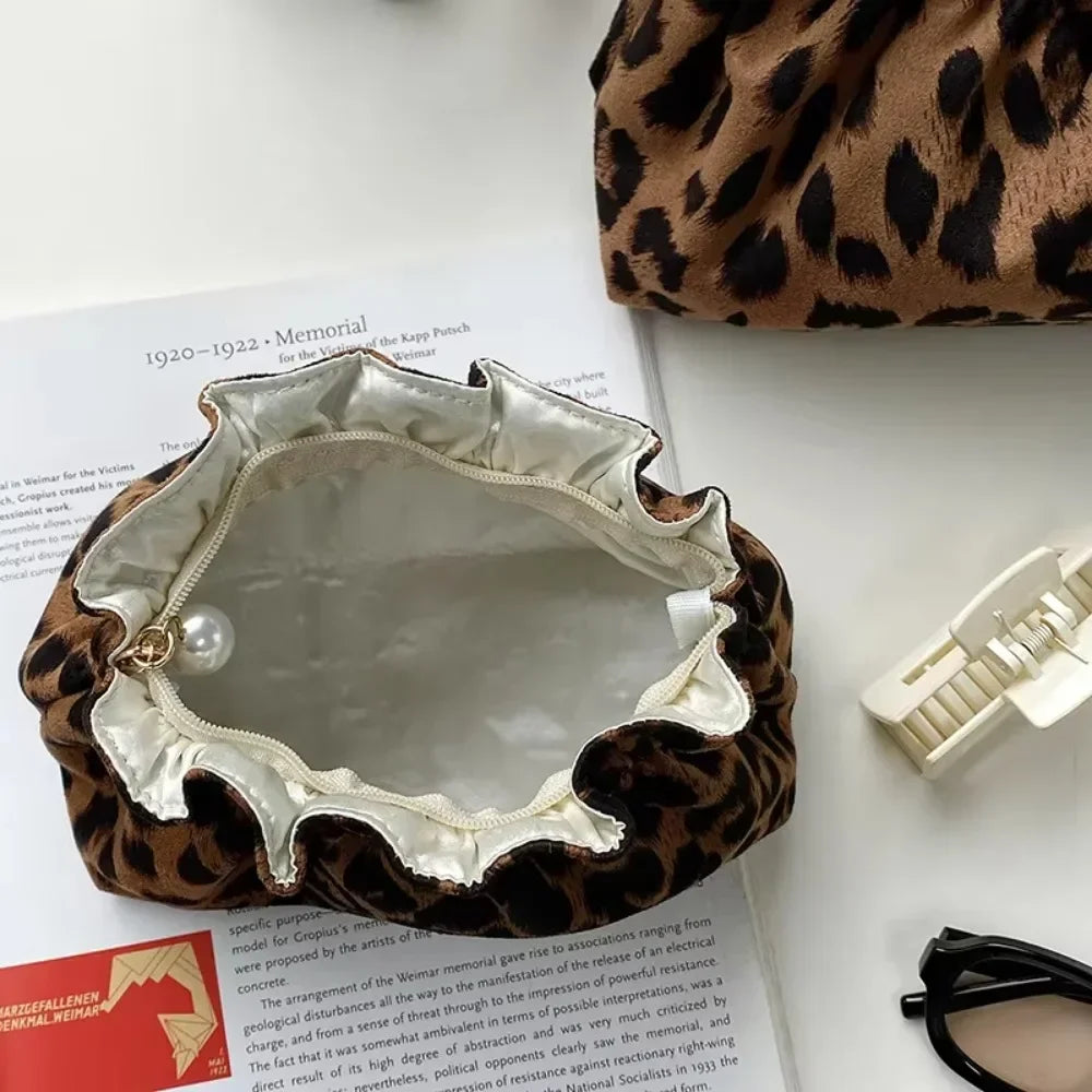 Gather Top Leopard Print Cosmetic Bag (zipped)