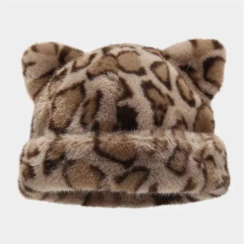 Fluffy Leopard Print Beanie with Ears