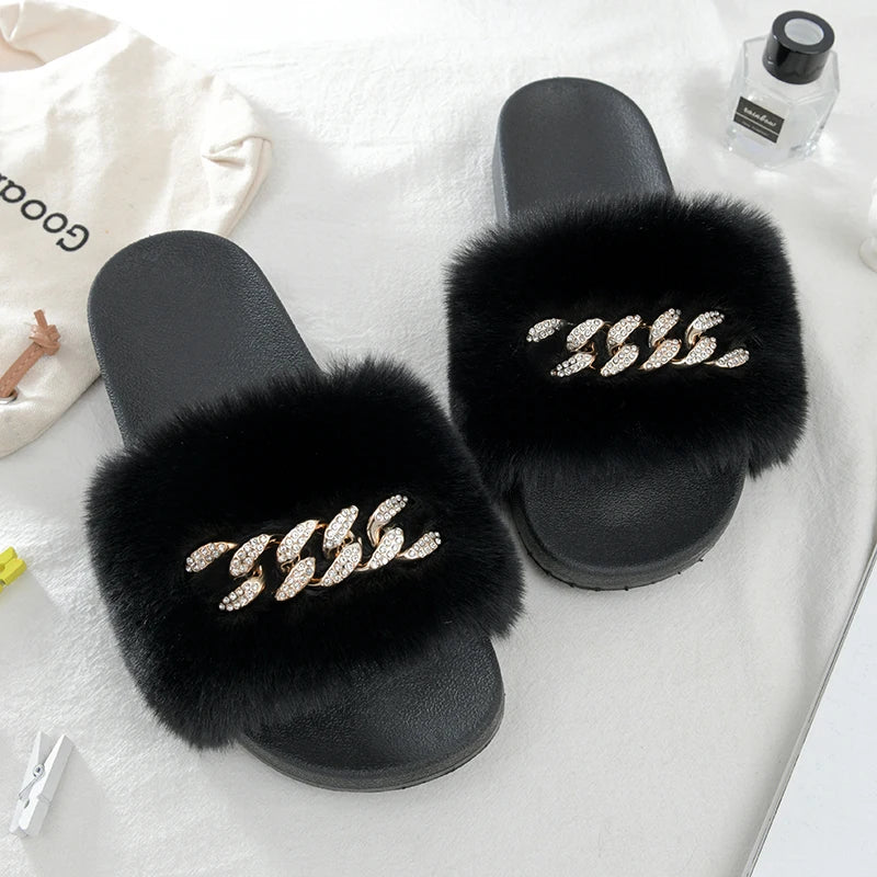 Leopard Print Furry Slippers with Gold Chain