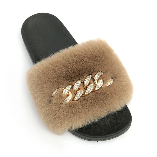 Leopard Print Furry Slippers with Gold Chain