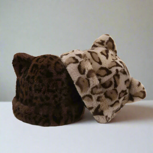 Fluffy Leopard Print Beanie with Ears