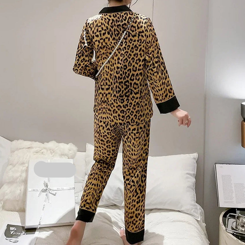 Leopard Print Long Sleeve Silk-touch PJ set