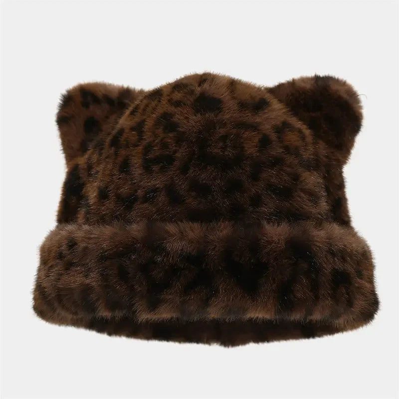 Fluffy Leopard Print Beanie with Ears