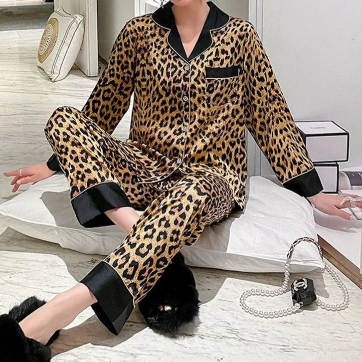 Leopard Print Long Sleeve Silk-touch PJ set