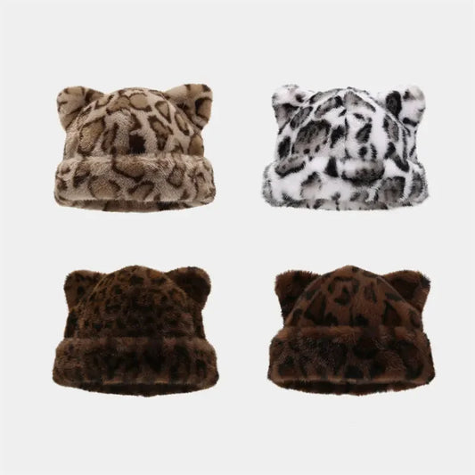 Fluffy Leopard Print Beanie with Ears