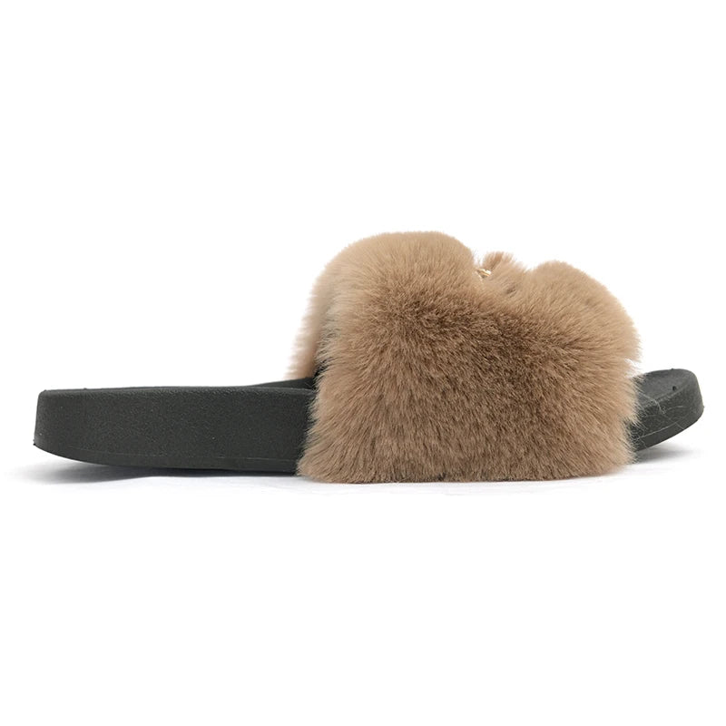Leopard Print Furry Slippers with Gold Chain