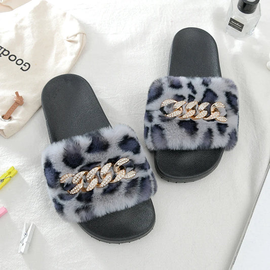 Leopard Print Furry Slippers with Gold Chain