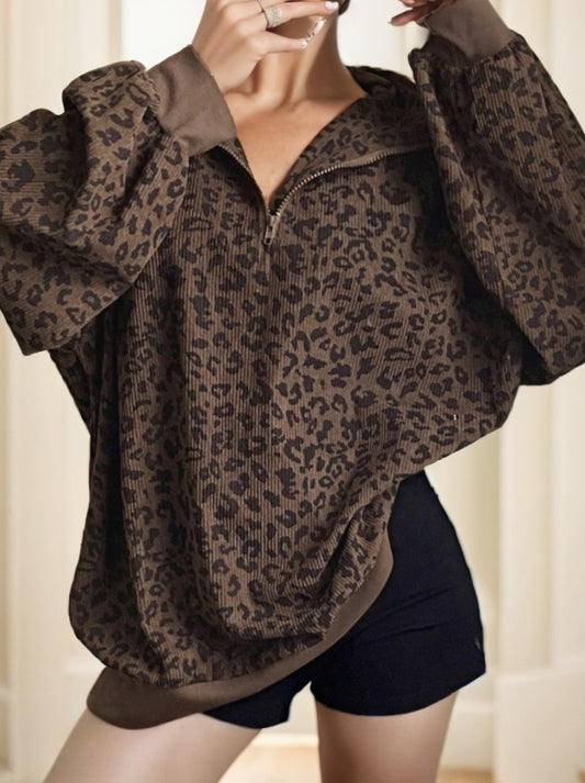 Zip Up Front Leopard Print Sweatshirt