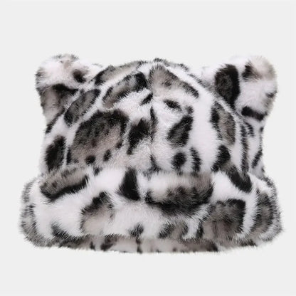 Fluffy Leopard Print Beanie with Ears
