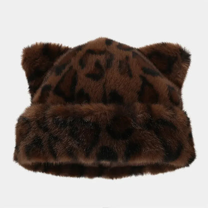 Fluffy Leopard Print Beanie with Ears