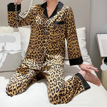 Leopard Print Long Sleeve Silk-touch PJ set