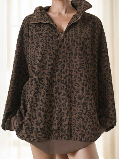 Zip Up Front Leopard Print Sweatshirt